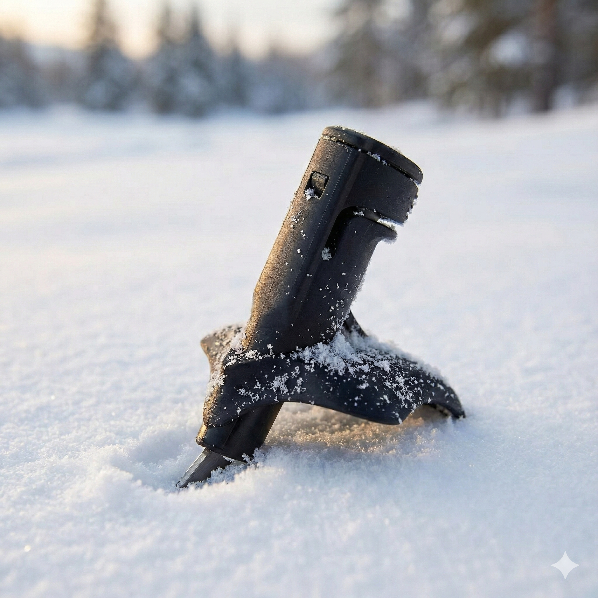 Aerodynamic ski pole basket planted in snow with Nordic forest background