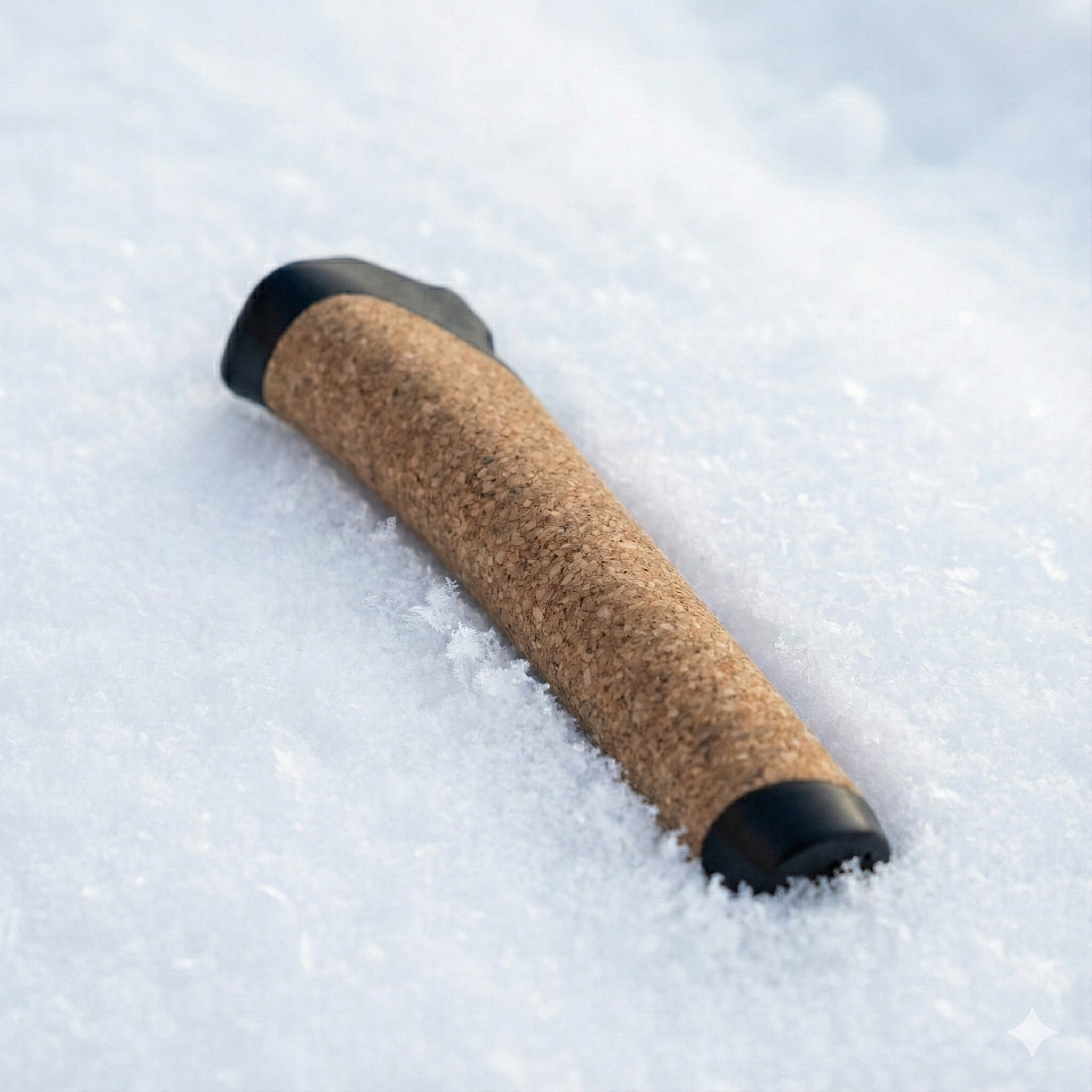 Cork composite ski pole grip laying in fresh powder snow